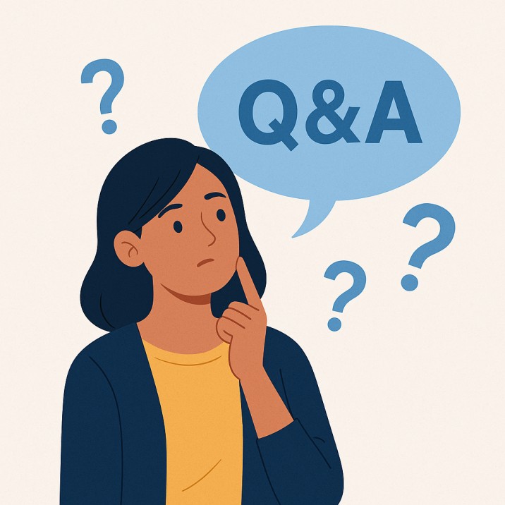 Thoughtful customer with question marks and Q&A bubble symbolizing FIFO shuttle questions
