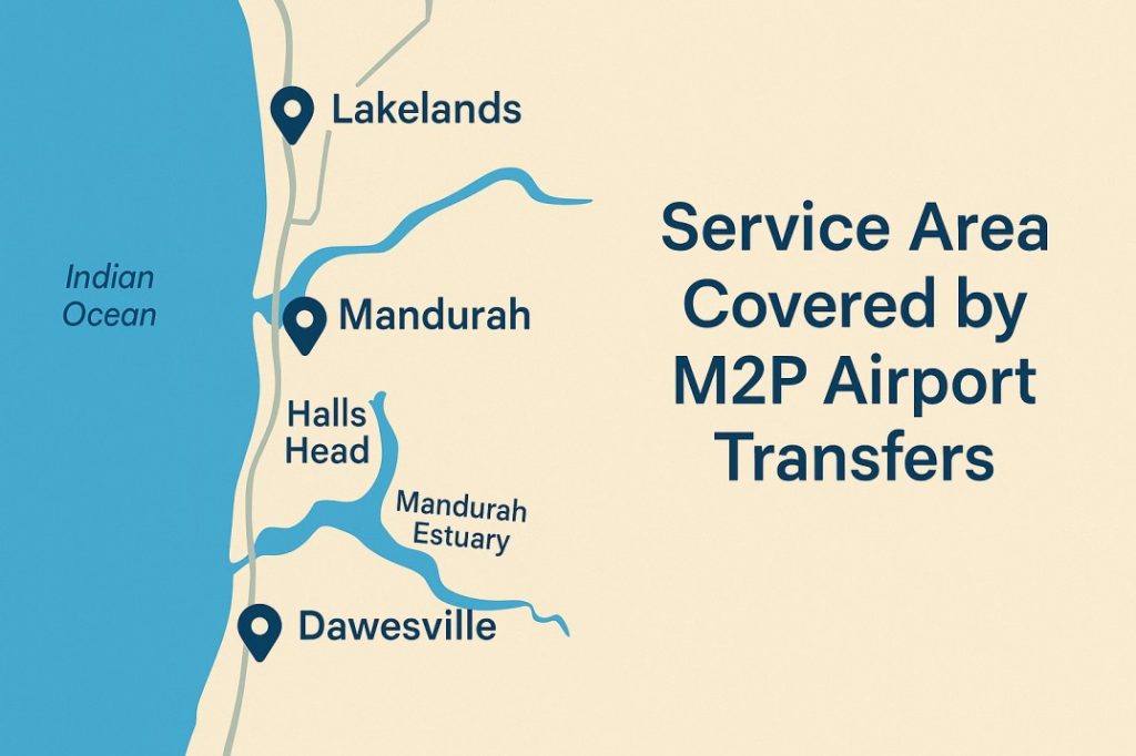 Map showing M2P Airport Transfers service area from Dawesville to Lakelands along WA’s coast