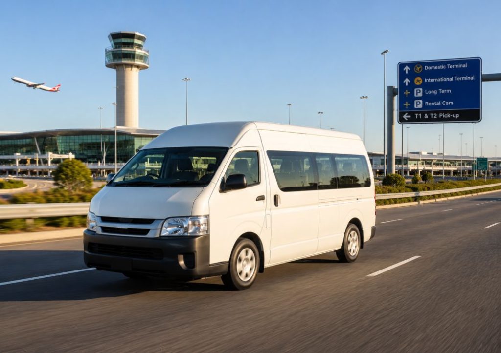airport-shuttle-van-near-terminal White airport shuttle van driving near an airport terminal and control tower
