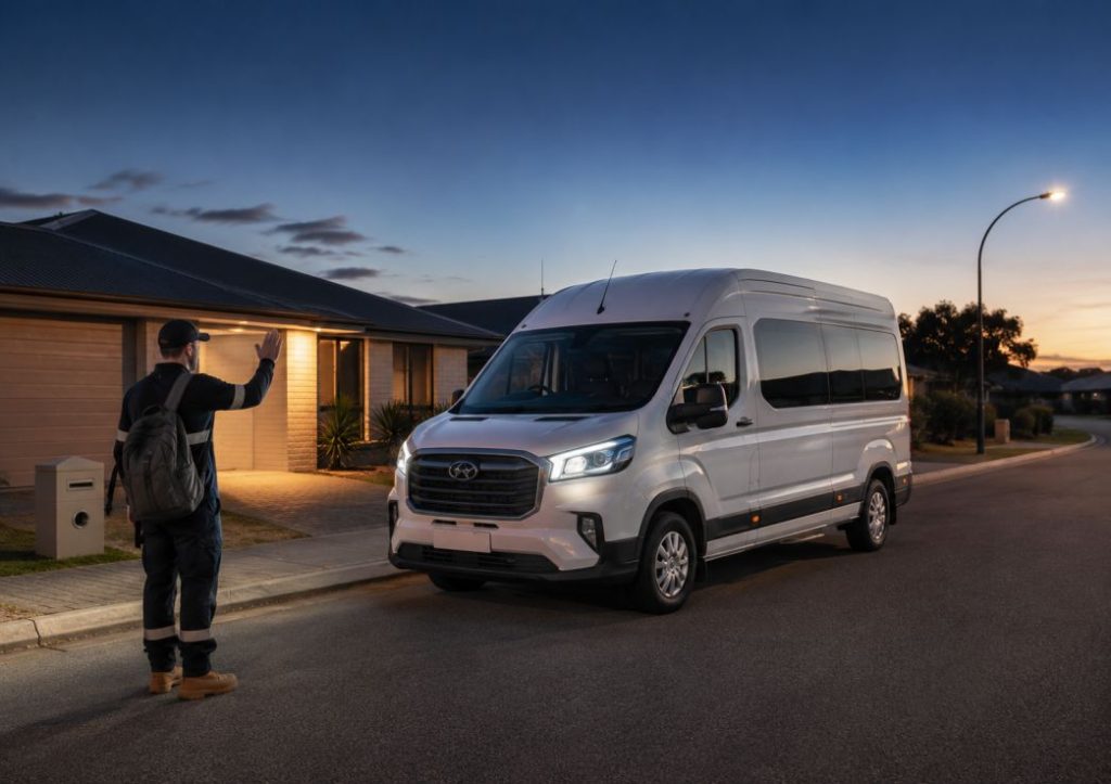 fifo-worker-pickup-rockingham-suburb FIFO worker being picked up by a white LDV Deliver 9 shuttle van in a Rockingham suburb before sunrise