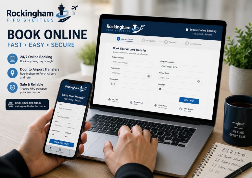 rockingham-fifo-shuttles-online-booking-system Online booking system for Rockingham FIFO Shuttles displayed on a laptop and smartphone