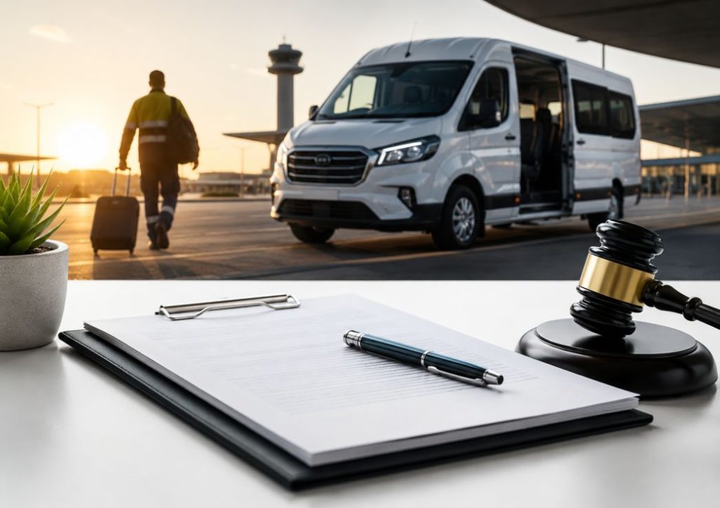 FIFO airport shuttle van and legal documents representing terms and conditions for Rockingham FIFO Shuttles